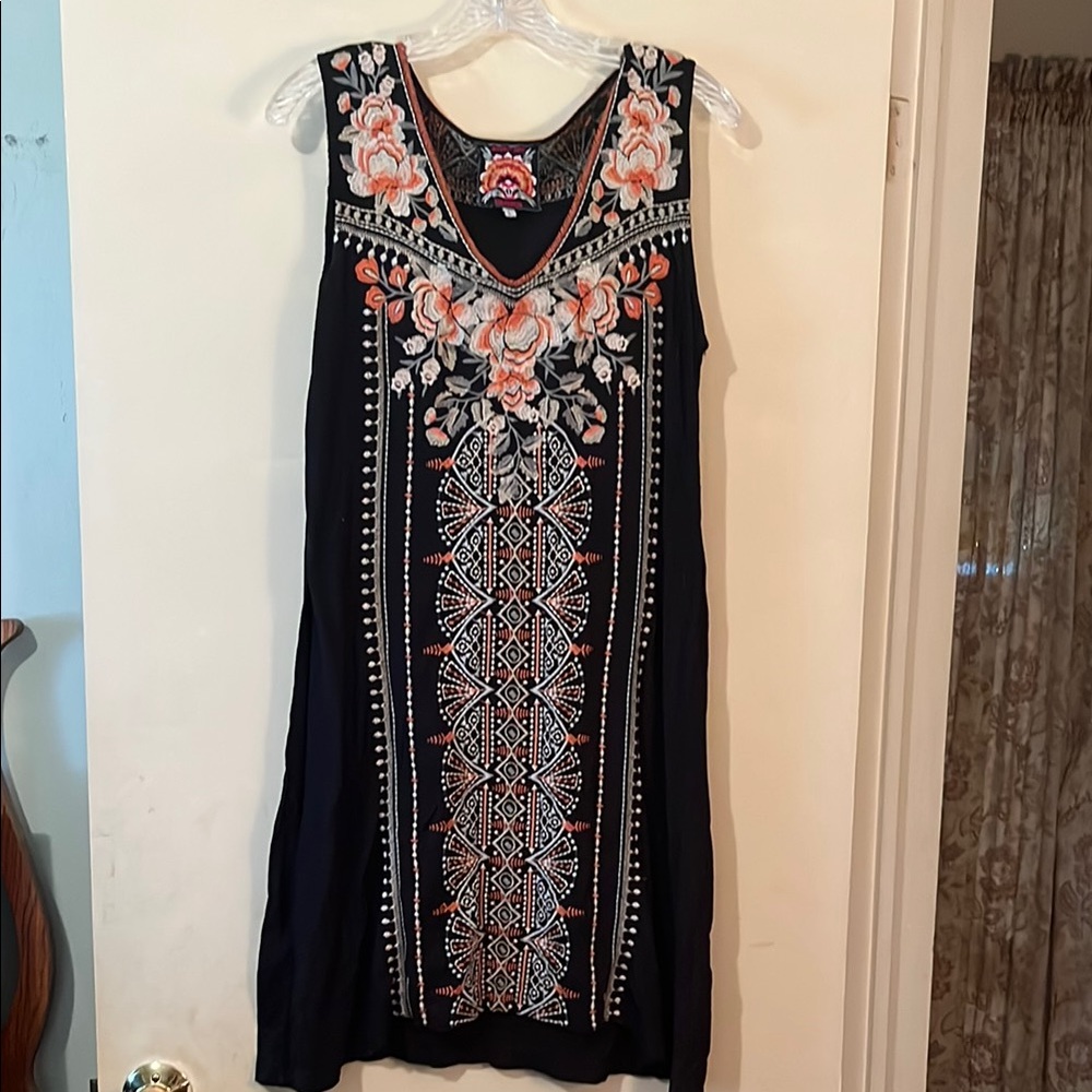 Johnny Was Black and Pink Embellished Sheath Dress